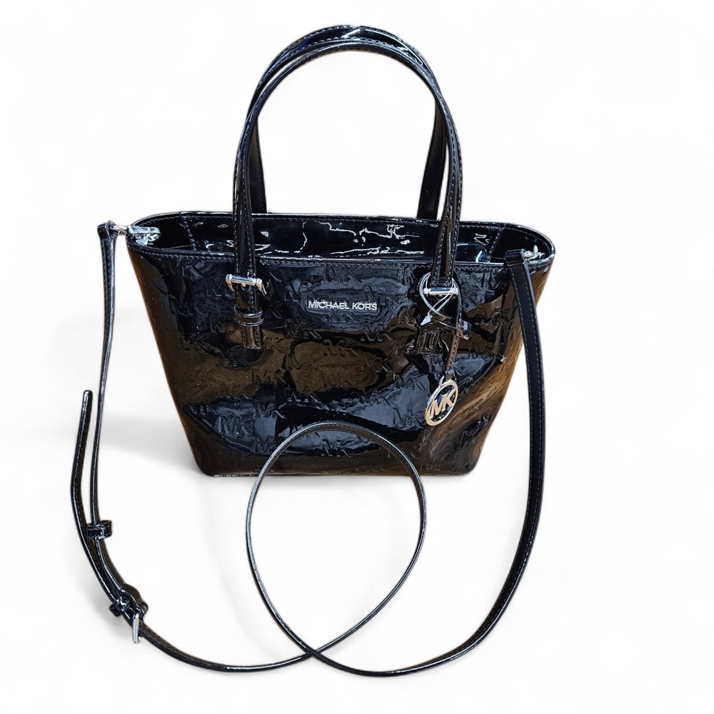 Michael Kors Jet Set Small Metallic Logo Debossed Convertible Tote Bag Black - Picture 4 of 14